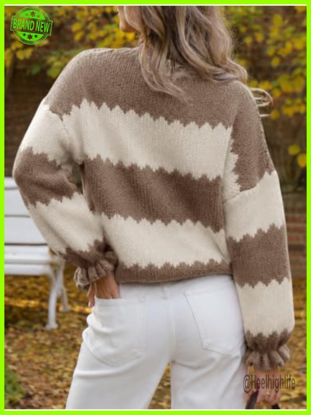 Womens Ribbed Knit Striped Sweater Ruffle Sleeve Pullover - Picture 5 of 6